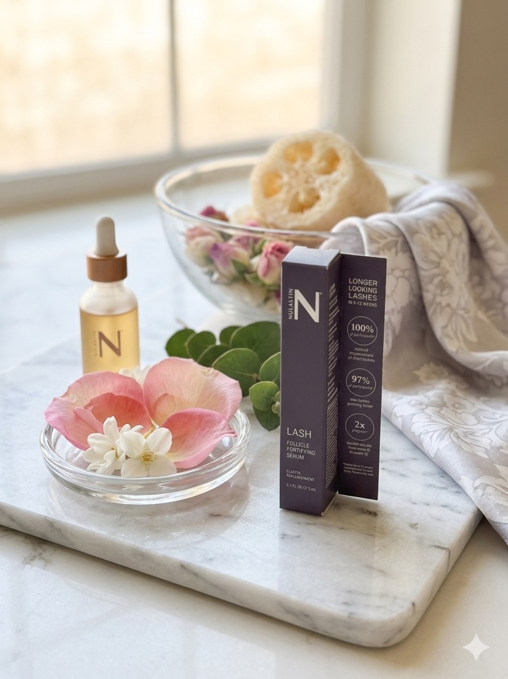 Nualastin Lash Follicle Fortifying Serum — Purple Packaging, Gold Dropper Bottle